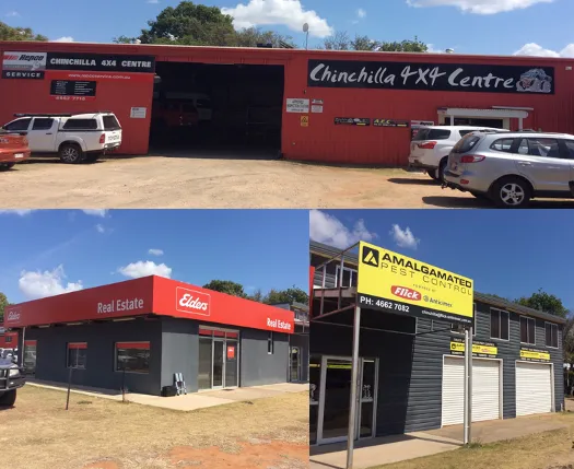 Collage of Chinchilla shopfronts: 4x4 Centre, Elders Real Estate and Amalgamated