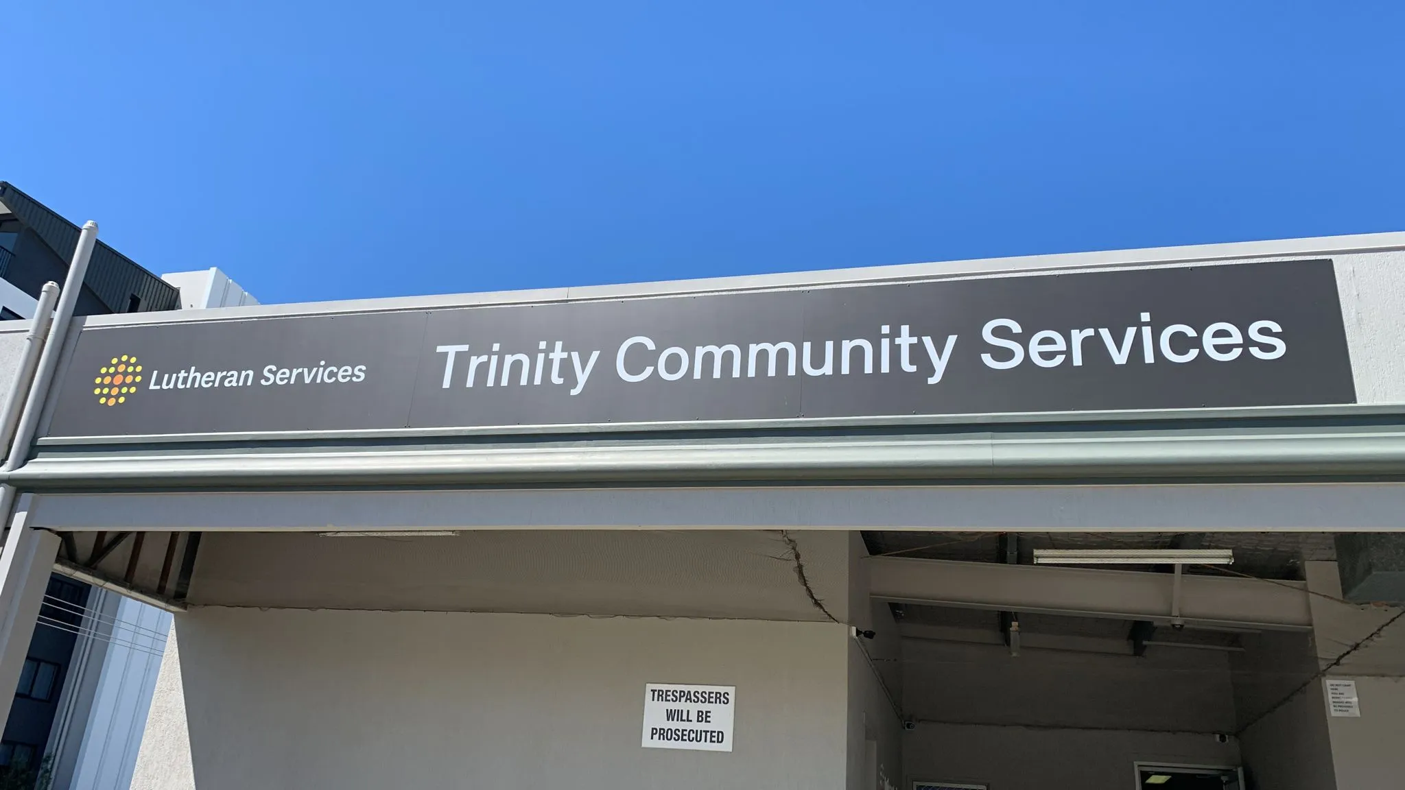 Trinity Community Services building signage under Lutheran Services branding